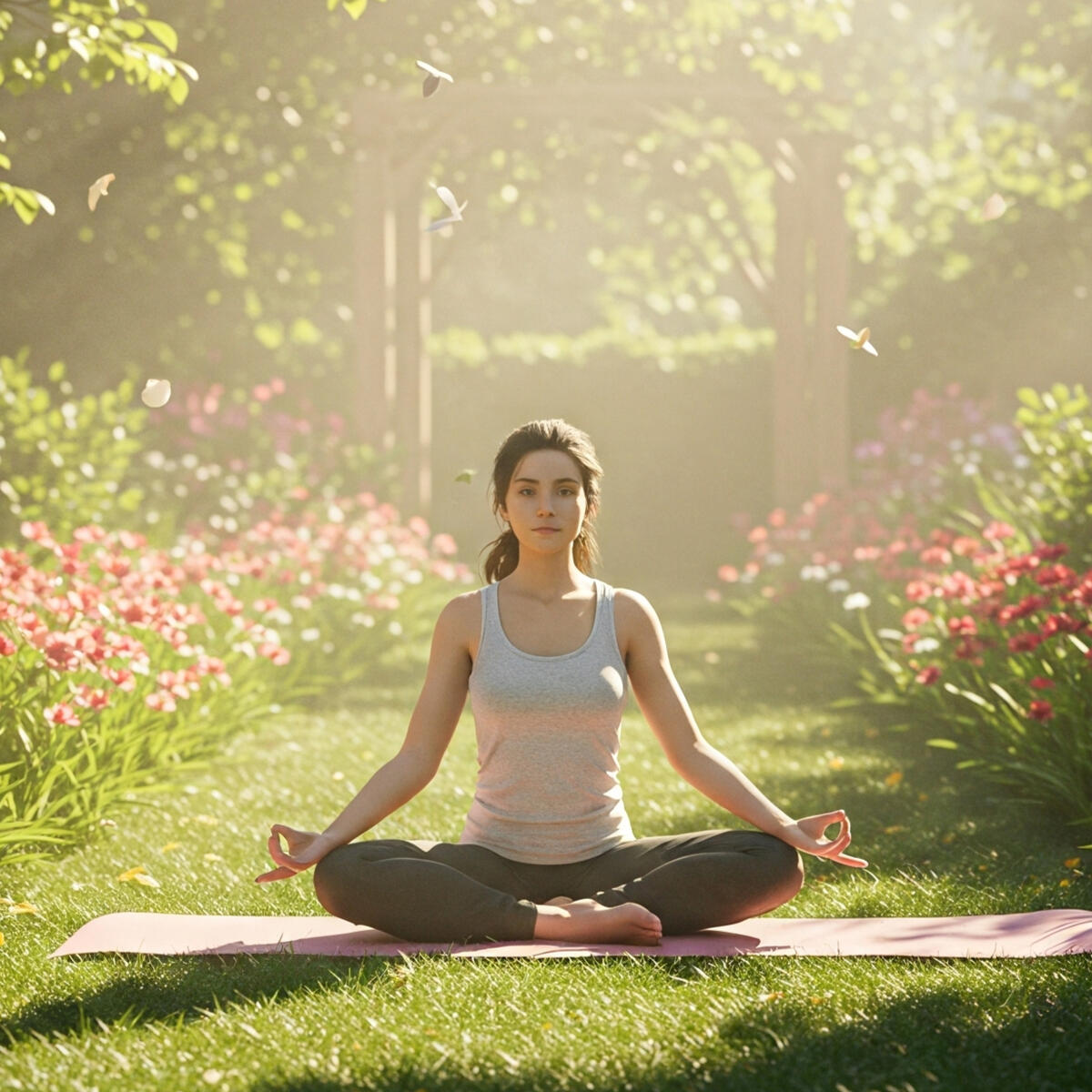 Find your inner peace: meditation in nature with Serenexa. Serene person meditating in lotus position on a yoga mat within a lush, sunlit garden, embodying peace and natural wellness. Ideal visual for daily mindfulness sessions with Serenexa.