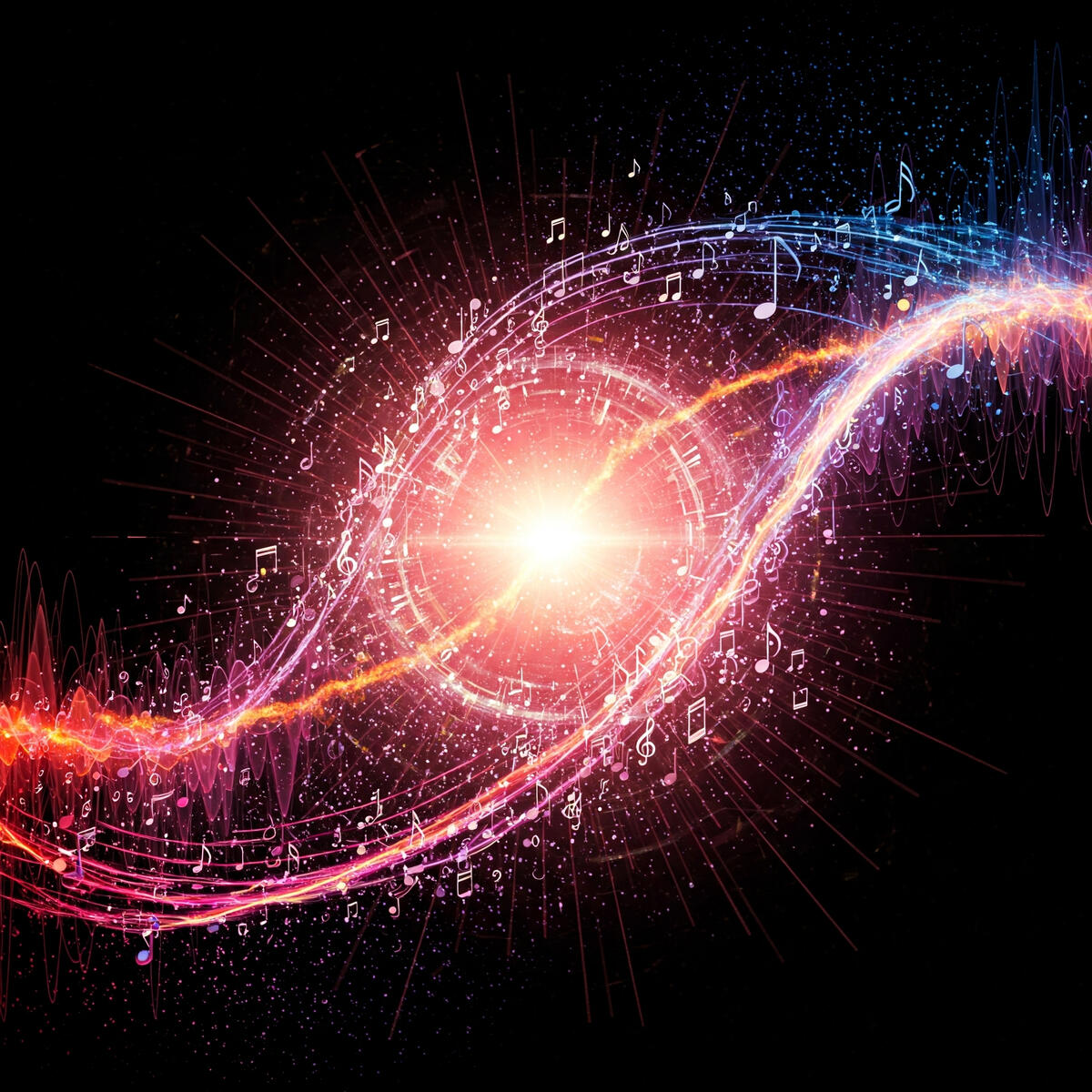 Experience personalized AI music: the sound of Serenexa. Vibrant abstract illustration of pulsating sound waves and musical notes emanating from a central light, symbolizing AI-generated adaptive music and personalized soundscapes. Represents the innovative technology behind Serenexa.