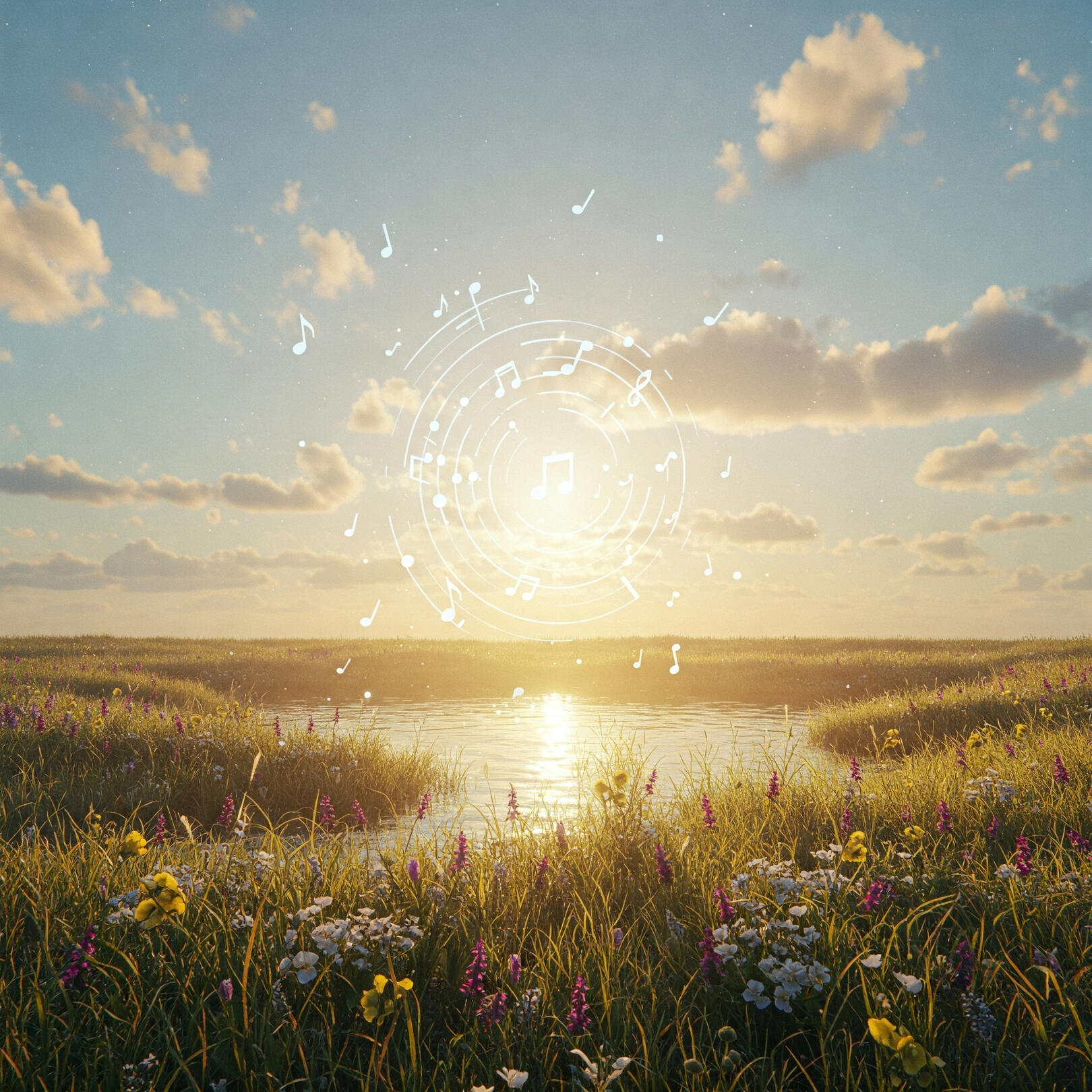 Experience the harmony: AI music blending with nature by Serenexa. Idyllic natural landscape with musical notes emanating from the sun, symbolising AI-generated adaptive soundscapes enhancing serenity and well-being with Serenexa.