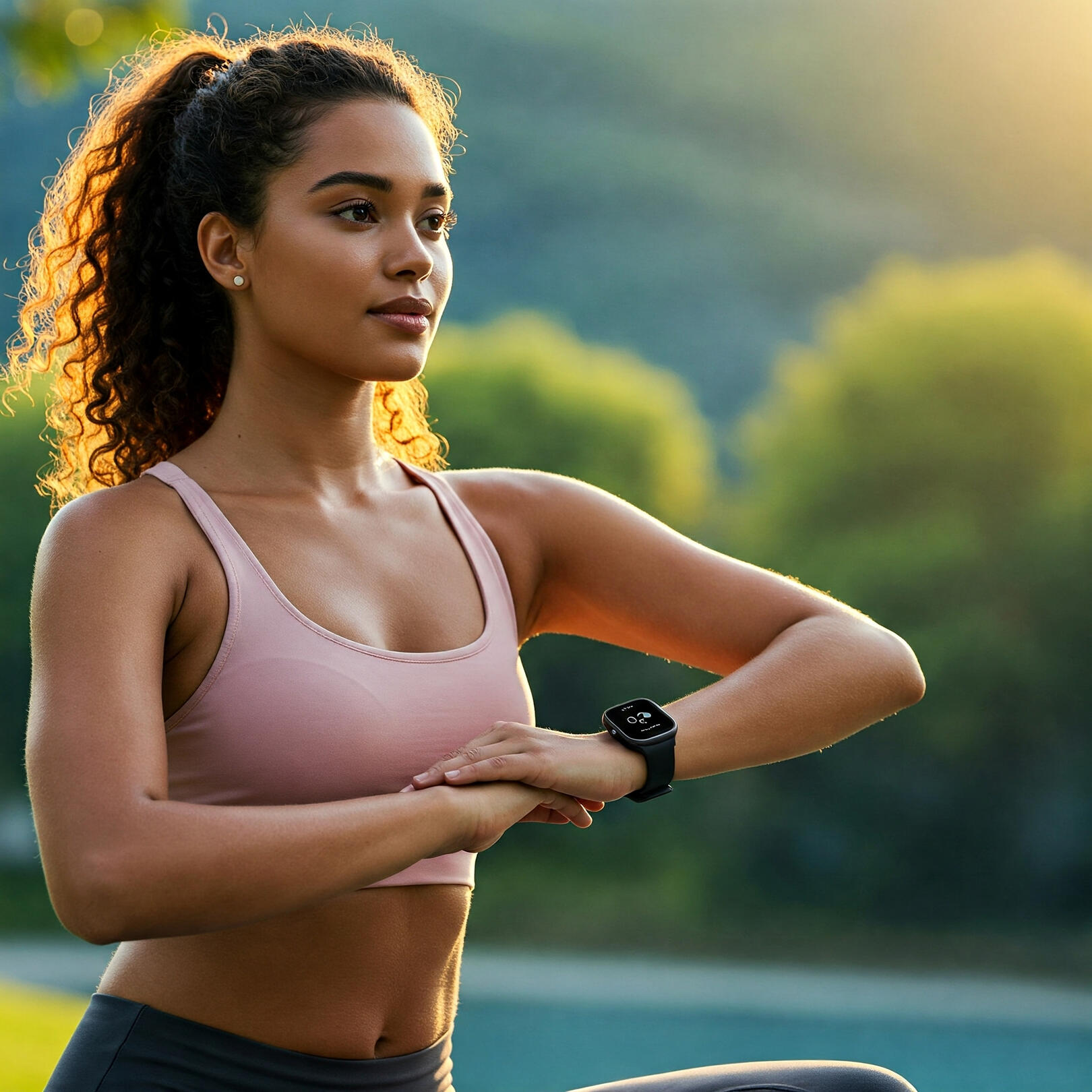 Monitor your well-being: Serenexa's integrated approach to active mindfulness. Fit person stretching outdoors at sunrise, wearing a fitness tracker, symbolising seamless integration with Serenexa for personalised mental well-being and active monitoring.